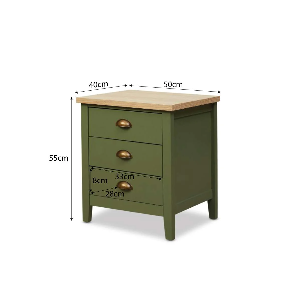 Hastings Three Drawer Bedside Table - Olive Green/Natural - Image 12