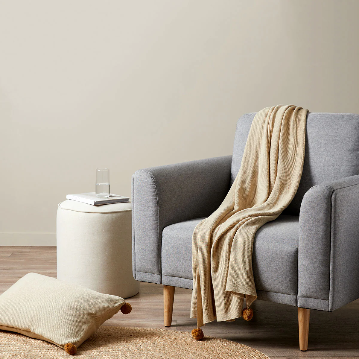 Priya Pompom Knit Throw - Oatmeal/Mustard