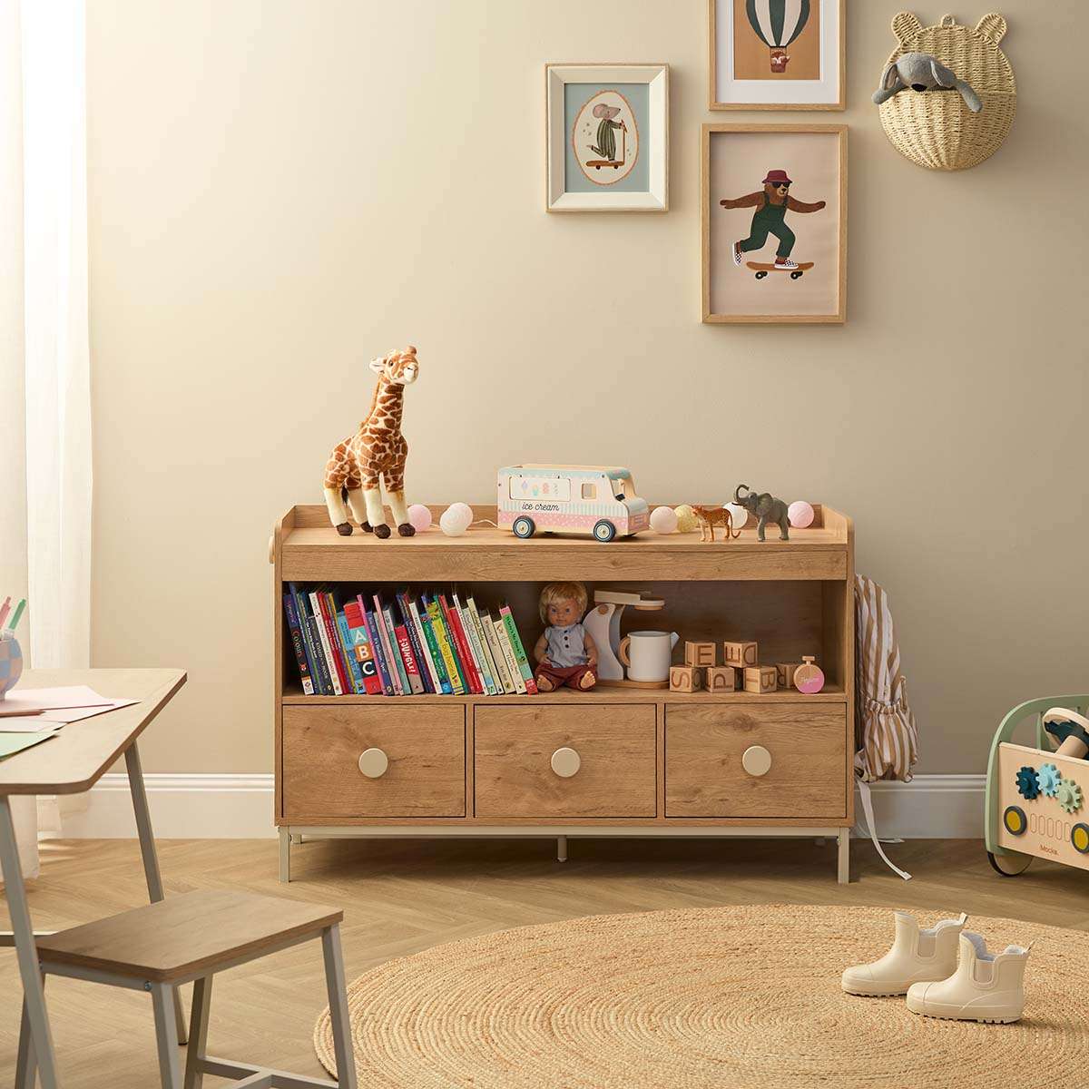 Spotty Book Storage with Toy Drawer Organiser - Cream - Image 2